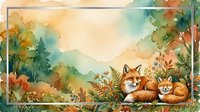 Watercolor autumn forest scene with two foxes resting among wildflowers, framed border with copy space for text or greeting card design.