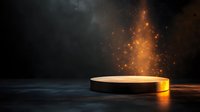 Glowing golden cylindrical podium with magical sparks and light effects rising against dark background, creating mysterious atmospheric display.