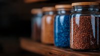 Glass jars filled with colorful dried legumes and grains on wooden shelf, selective focus on foreground jar containing red lentils, dark moody background.