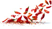 Fresh red chili peppers sliced and scattered with seeds on white background, creating dynamic food composition for culinary and spicy cuisine concepts.