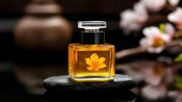 Luxury perfume bottle with yellow flower inside on black stone, zen composition with cherry blossom branch. Elegant fragrance and aromatherapy concept.