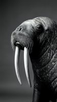 Majestic walrus portrait in black and white showcasing distinctive tusks and whiskers against gradient background for wildlife photography projects.