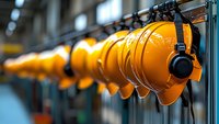 Row of bright orange construction hard hats with black headphones hanging on industrial wall hooks, selective focus creating depth perspective in manufacturing setting.