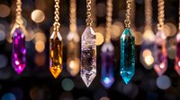Colorful crystal pendants hanging against blurred bokeh lights background, mystical healing stones and gems in purple, amber, clear quartz and blue tones create magical mood.
