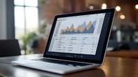 Financial data visualization with colorful graphs and charts on laptop screen in modern office environment with soft bokeh background lighting.