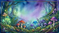 Enchanted forest clearing with glowing mushrooms in red, blue, and purple tones surrounded by twisted trees and luminous moss, creating a magical woodland fantasy environment.