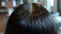 Close-up view of dark, straight hair with a clean center part, showcasing healthy, shiny texture in a salon setting.