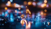 Glowing golden musical note reflected on wet surface with blurred bokeh lights in blue and orange tones creating magical atmosphere. Artistic macro photography.