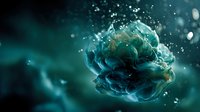 Mysterious turquoise fluid formation suspended in dark water with bubbles and splashes, creating an ethereal underwater abstract scene.