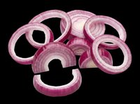 Red onion rings sliced fresh, isolated on transparent background. Ready for food clipart, menu design, stickers, print on demand, sublimation, and T-shirt projects.