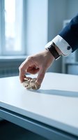 Businessman hand rolling wooden dice with financial charts symbols on office desk representing business risk and investment decisions.