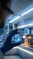 Scientist in laboratory holding glowing DNA helix hologram, representing genetic research, biotechnology innovation, and molecular biology advancement in modern medical science facility.