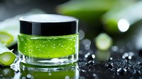 Luxurious green cosmetic cream jar with water drops on black reflective surface surrounded by fresh leaves and ice crystals, beauty product photography.