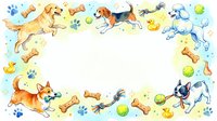 Watercolor pet frame with playful dogs, bones, toys and paw prints on white background. Cute border design for veterinary clinic, pet store advertising.