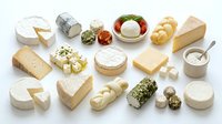 Assorted artisanal cheeses, fresh mozzarella, herbs and bread arranged on white background for culinary, food styling, restaurant menu and gourmet cooking projects.