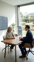 Professional business meeting between mature Caucasian woman and businessman in modern office with large windows and natural light for corporate consultation.