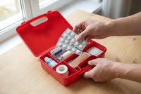 Hands organizing medical supplies in red first aid kit with pills bandages and medications for emergency preparedness and healthcare safety at home.