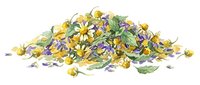 Pile of dried edible flowers including yellow and purple blooms with green leaves, isolated on white background for culinary, tea, and decorative design applications.