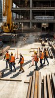 Construction workers in safety vests and hard hats working on building site with crane lifting materials. Industrial development project in progress.