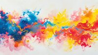 Vibrant watercolor splash in rainbow colors flows horizontally across white background, featuring expressive blend of blue, yellow, pink and red abstract paint strokes.