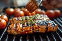 Grilled chicken breast with honey glaze dripping from brush, garnished with fresh thyme and cherry tomatoes on barbecue grill, close-up macro food photography.