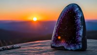 Amethyst crystal geode on rock surface during golden hour sunset with mountain landscape background creating spiritual meditation atmosphere.