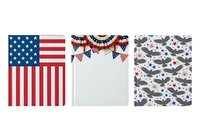 American flag with stars and stripes, patriotic bunting banner, and seamless military aircraft pattern. Isolated design elements for Independence Day, Memorial Day, Veterans Day projects, apparel, and print materials.