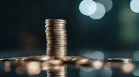 Stack of golden coins on reflective surface with blurred bokeh background, symbolizing financial growth, wealth management and investment success.