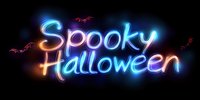 Glowing neon text saying Spooky Halloween with flying bats silhouettes against dark background, multicolored gradient light effect creates festive atmosphere.