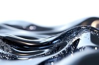 Dynamic waves of dark liquid with tiny bubbles and droplets creating abstract flowing pattern against light background, macro photography for luxury cosmetics.