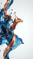 Dynamic blue and copper liquid splash with flowing metallic streams and droplets on white background for creative design projects.