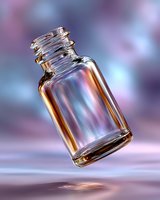 Empty glass bottle floating in air against blurred purple background with reflective surface, dramatic lighting creates golden and pink highlights on transparent container.