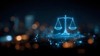 Glowing digital scales of justice with futuristic circuit elements against blurred city lights background, representing legal technology and digital law.