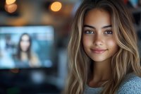 Young woman with blonde hair and blue eyes smiling at camera, wearing casual grey sweater against blurred bokeh background with monitor display.