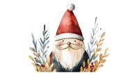 Festive gnome with white beard wearing red hat surrounded by watercolor winter foliage and berries on white background, seasonal character for holiday designs.