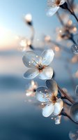 Delicate white cherry blossoms with soft petals and golden stamens against blurred blue background, captured in dreamy macro photography with bokeh light effects.