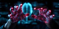 Glowing red and blue virus particles floating in dark space with digital background, microscopic view of pathogen structure showing detailed molecular surface.