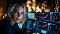 Young blonde businesswoman analyzing financial data on multiple computer monitors in modern office with bokeh lights background at night.