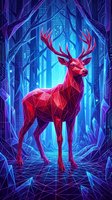Red polygonal deer with antlers standing in futuristic digital forest with neon blue and purple geometric patterns and glowing circuit board elements.