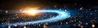 Glowing spiral of blue and gold light particles against dark background creating cosmic energy flow effect.