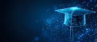 Glowing digital graduation cap with sparkles on dark blue background, representing online education and academic achievement in modern technology era.