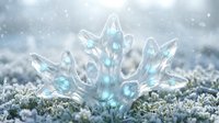 Transparent ice crystal formation on frozen moss with sparkling snow particles and soft winter light creating magical frost patterns on natural surface.