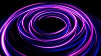 Glowing neon spiral tunnel with vibrant magenta and blue light trails on dark background, suitable for tech, gaming, and digital design projects.