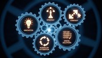 Business gears mechanism with innovation strategy workflow and digital solutions icons on dark blue technology background for corporate presentations.