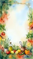 Watercolor culinary frame with fresh vegetables, herbs, and olive oil featuring ornate gold borders and vibrant produce arrangement for recipe cards, cooking blogs, and kitchen design projects.