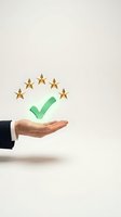 Businessman hand presenting five golden stars with green checkmark symbolizing excellent customer service rating and quality assurance for business success.
