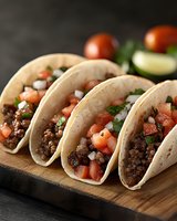 Mexican street tacos with seasoned ground beef, fresh diced tomatoes, onions and cilantro served on corn tortillas on wooden cutting board. Traditional cuisine.