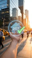 Hand holding glowing holographic sphere with house icon and 2027 checkmark over urban street at sunset, representing future real estate investment and property market growth.