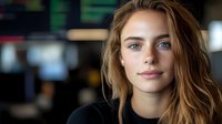 Young woman with natural makeup and tousled brown hair wearing black top smiles confidently at camera against blurred office background, portraying modern professional.