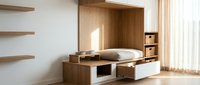 Modern minimalist bedroom interior with wooden furniture and built-in storage solutions for contemporary home design and organization concepts.